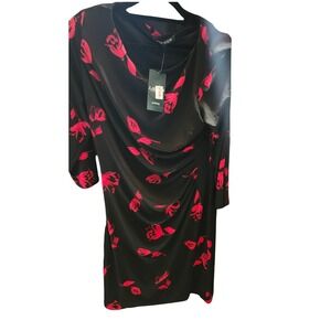 LAUREN‎ Ralph Lauren Women Black Red Floral Print Ruched Sheath Dress Petite P
